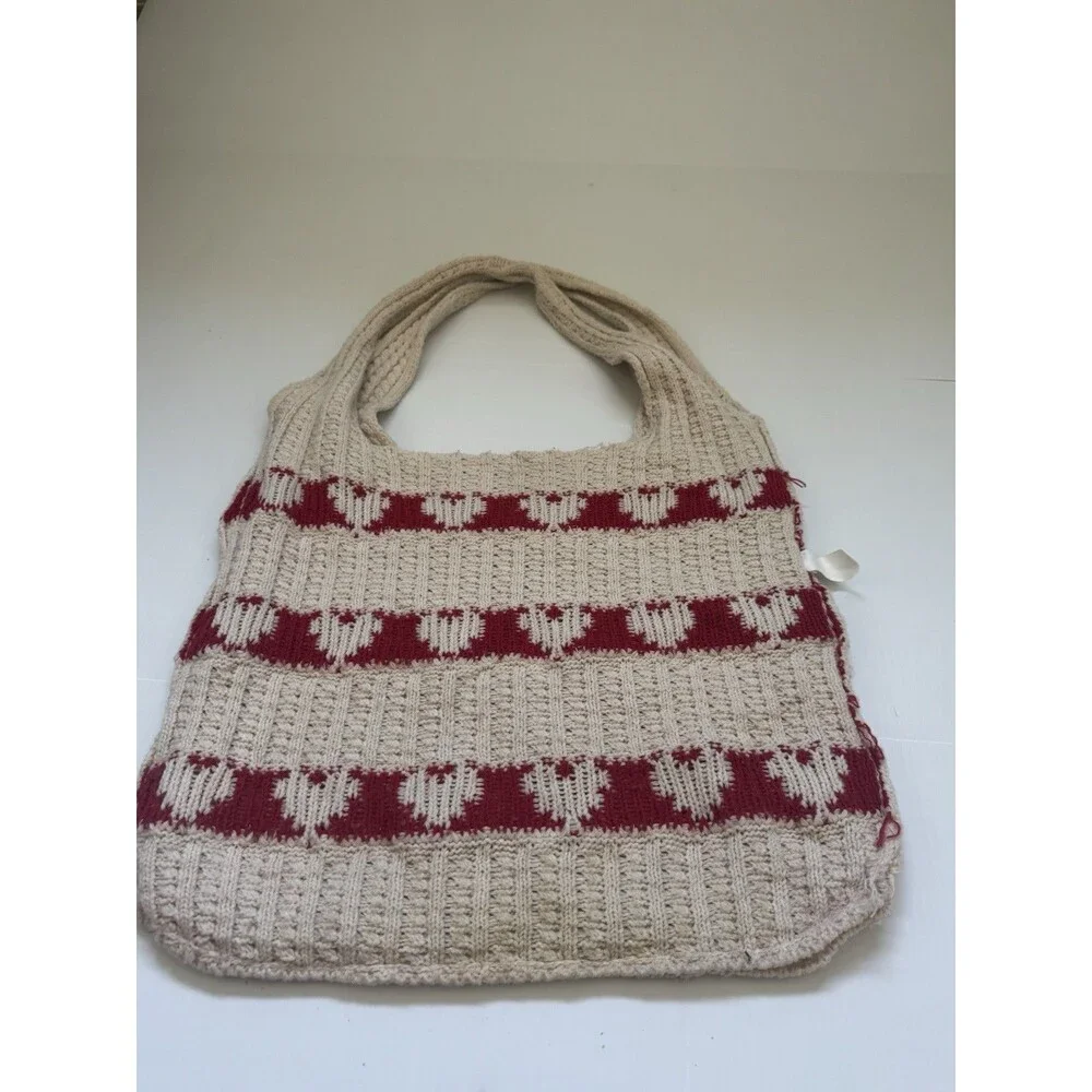 Heart Pattern Knit Tote Bag Cream Red Hearts Shoulder Bag  Casual
